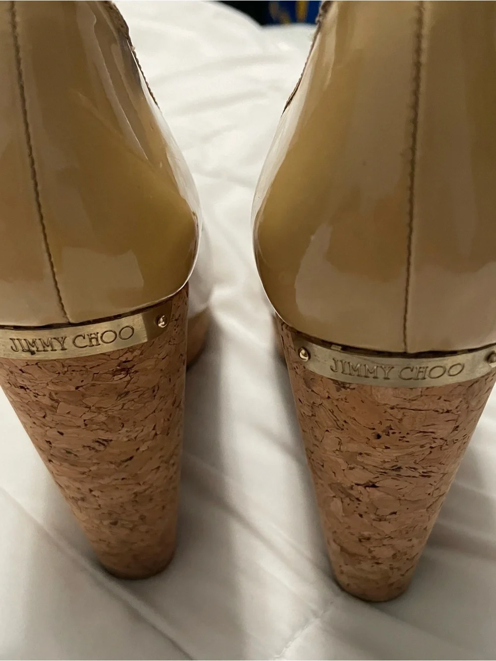 Jimmy Choo peep toe Beige Patent Cork Wedge Heels